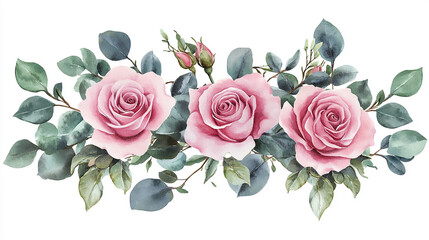 Romantic watercolor painting of a bouquet of roses in shades of red, pink, and peach, tied with a satin ribbon   
pink rose isolated on white background
