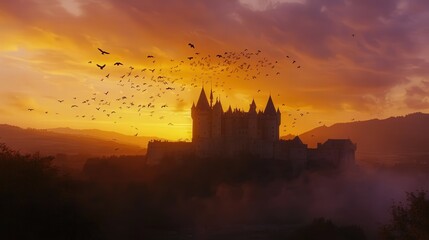 birds gliding around a castle at dusk, the deep oranges and purples of the sky creating a cinematic backdrop