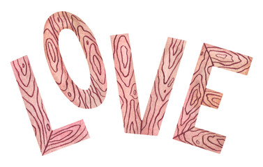 Set of hand-painted watercolor illustrations of the word LOVE made from wooden materials. Watercolor illustration in a naive style of the word LOVE made from wooden blocks. For Valentine's Day, childr