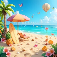 beach with trees and starfish, Tropical beach scene, vibrant colors, cartoon style, palm tree, beach umbrella, 