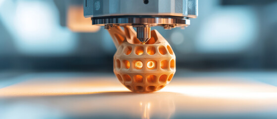 close up of dynamic 3D printer creating detailed object, showcasing intricate design and technology in action
