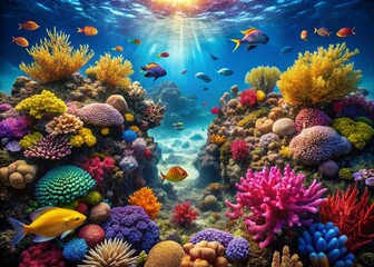 Obraz premium Vibrant Coral Reef Underwater Scene: Colorful Fish & Lush Marine Life Aerial View Stock Photo