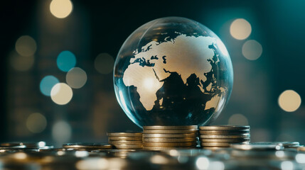 Glass globe on coin stacks with glowing bokeh background, symbolizing global economy.