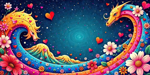 Obraz premium Whimsical Rainbow Dragon and Floral Wave Embrace A Vibrant Love Story in a Starry Night Sky