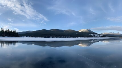 The stillness of a frozen lake reflects the winter landscape under a crisp, cloudless sky.