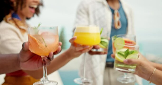 People, hands and outdoor toast at party together, gathering and poolside for drinks or fun. Friends, group support and cheers for celebration at social event, cocktail bonding and vacation trip