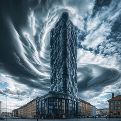 tower, its architectural details sharply defined against a dramatic sky filled with swirling gray clouds, evoking timeless grandeur