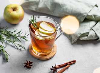 Homemade apple punch with apples, cinnamon and rosemary in a cup on a light background