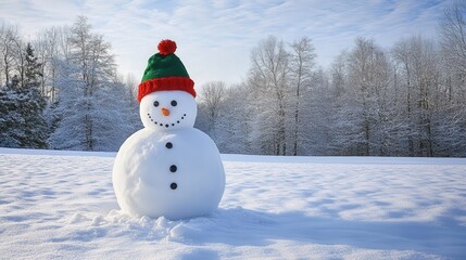 Obraz premium A friendly snowman with a classic green and red Christmas hat, set against a backdrop of snowy trees and a soft blue winter sky.
