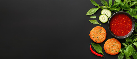 close up flat lay featuring Thai fish cakes, fresh herbs, cucumber, and spicy sauce creates vibrant culinary scene