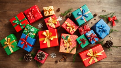 A festive collection of beautifully wrapped gifts arranged on a wooden surface, showcasing a variety of colors and ribbons, perfect for the holiday season