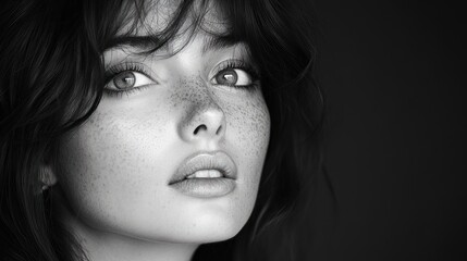 Fototapeta premium Freckled woman, dark hair, black and white portrait.