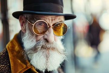 Portrait of a fashionable old man with long white beard, wearing round yellow sunglasses and a black hat