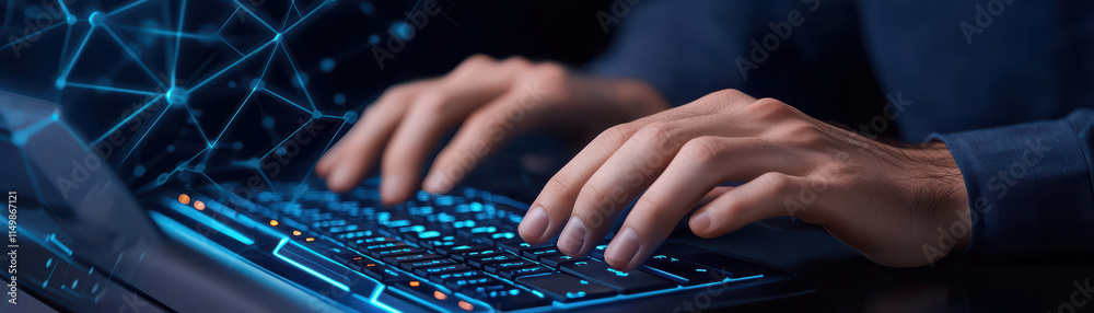 Poster focused programmer typing on futuristic keyboard, creating digital connections