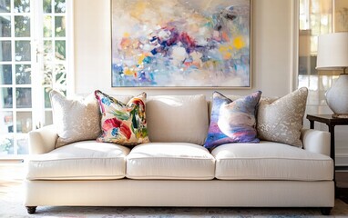 Luxurious cream-colored sofa in a bright and airy interior with neutral tones and abstract artwork