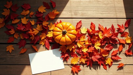 Autumnal Still Life Orange Pumpkin with Red and Gold Leaves and Blank Card on Wooden Surface