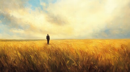 Fototapeta premium golden grass, surrounded by the peaceful, open landscape and the endless sky above