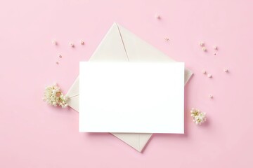 Invitation or greeting card mockup with envelope, hydrangea and gypsophila flowers. Blank card mockup on pink background