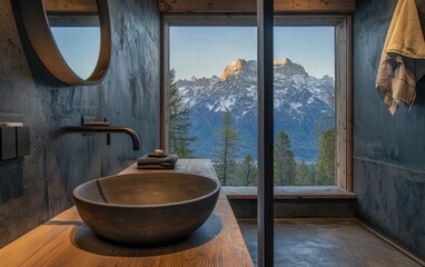 Fototapeta premium Minimalist round sink in a modern bathroom with subtle metallic accents