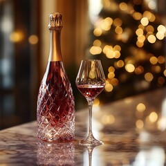 A luxurious shot featuring a crystal bottle of plum wine and a stemmed glass on a marble counter.
