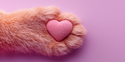 Cute cat paw holding pink heart soft background animal photo