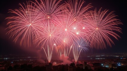 Vibrant fireworks over a city skyline at night.