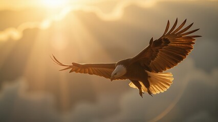 Naklejka premium Bald eagle in flight during golden hour.