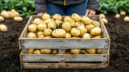 Rustic Wooden Crate Filled with Fresh Potatoes