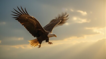 Obraz premium Bald eagle in flight during golden hour.