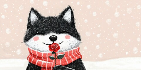 Happy cartoon dog with rose in winter wonderland digital illustration