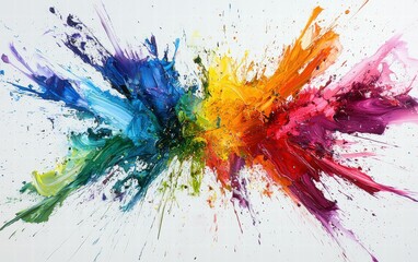 Fototapeta premium Multicolor paint explosion featuring a rainbow of hues, frozen mid-motion against a pure white canvas