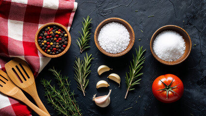 Flat lay composition of fresh ingredients and kitchen tools, creating a rustic culinary scene