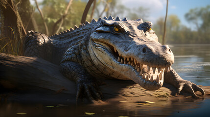 Fototapeta premium Close-up View of a Large Crocodile Basking in the Sun on a River Bank, with Dense Mangroves in the Background