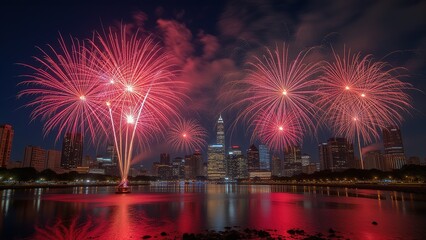 Red fireworks lighting up the city skyline at night