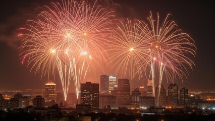 Red fireworks lighting up the city skyline at night