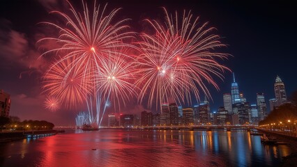 Red fireworks lighting up the city skyline at night