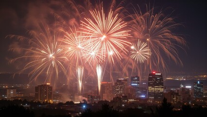 Red fireworks lighting up the city skyline at night