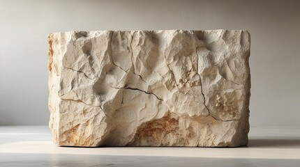 A solitary, imposing limestone block, worn by time, with intricate networks of weathering marks, cracks, and rough, organic textures, showcasing muted, earthy beige tones,generative ai