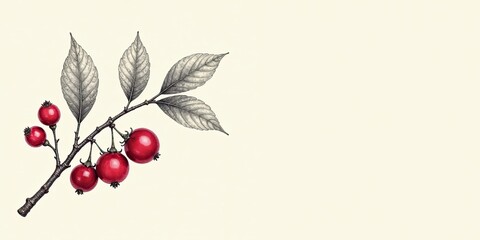 Fototapeta premium Detailed Botanical Illustration of a Branch with Red Berries and Gray Leaves on a Cream Background