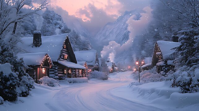 Snow-covered cabins nestled in a winter wonderland village at twilight.