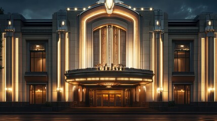Art Deco style theater building at night, illuminated entrance.