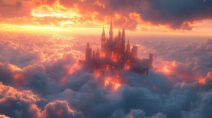Fiery castle sits atop clouds, sunset.