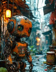 A rusty, vintage robot with exposed wires and wear stands in a gritty, rundown urban street. The industrial atmosphere and narrow alley create a mood of decay and nostalgia, evoking dystopian themes
