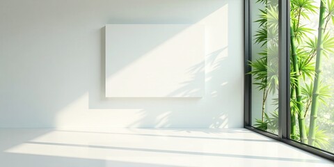 Fototapeta premium Serene Minimalist Interior with Blank Canvas and Sunlight Streaming Through Window Featuring Lush Greenery