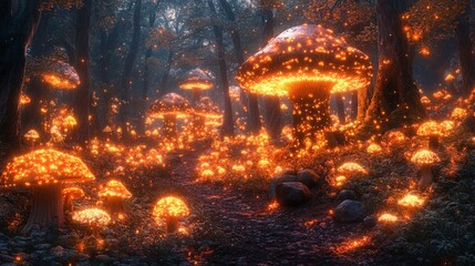 Glowing mushrooms illuminate a magical forest path.