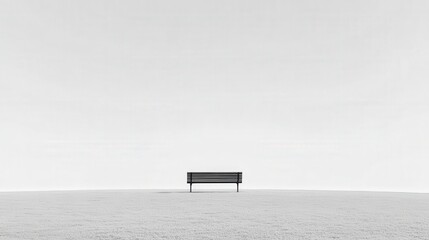 black and white image of a lone park bench in an open field, emphasizing solitude and simplicity