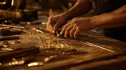 Skilled artisan working with gold tools in rustic workshop setting