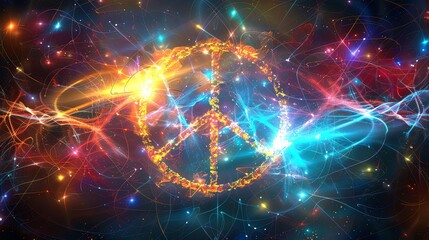 Obraz premium A peace symbol is formed from light and stars, set against a colorful, cosmic background.