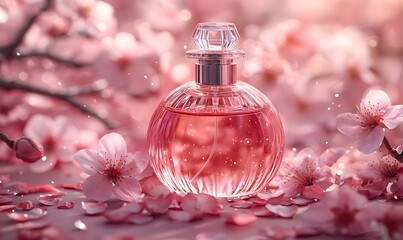 A pink perfume bottle mockup with cherry blossoms and falling petals on a pastel background, perfect for spring themes