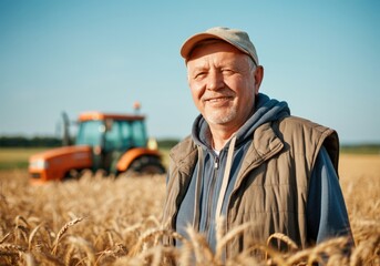 Smiling farmer standing in wheat field with tractor in background